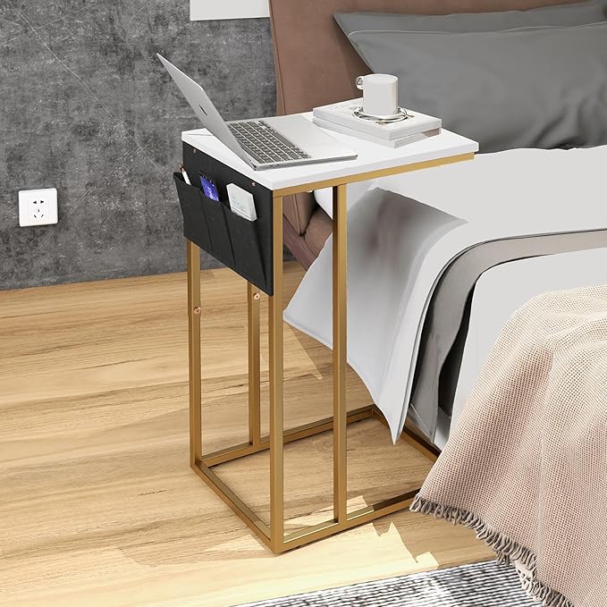 C Shaped End Table for Couch, Small Couch Side Table for Sofa, C Side Table with Storage Bag, TV Tray Table for Living Room, Bedside Table for Bedroom, Snack End Table for Couch, White
