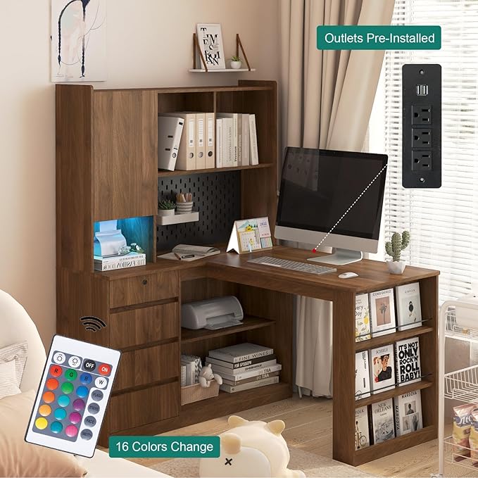 KEIKI L Shaped Home Office Desks with LED Light, Pegboard, Hutch, Drawers, Bookshelf & Storage Shelves, Modern Wooden Gaming Computer Corner Table for Work, Study, Writing