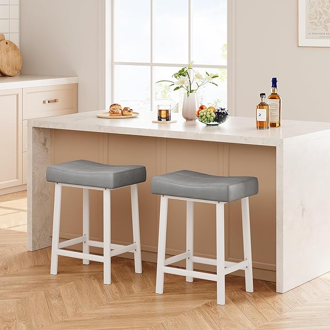 GarveeHome Counter Height Bar Stools Set of 2, 24 Inch Barstools for Kitchen Island Counter, Upholstered Padded Barstools with Curved Surface, Easy Assembly, Grey