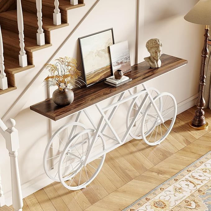 LITTLE TREE Narrow Sofa Table, 70.9-Inch Extra Long Console Table for Living Room, Entryway, with Unique Bicycle Metal Base. White and Brown