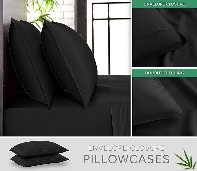 Full Sheets by Pure Bamboo, Genuine 100% Organic Viscose Derived from Bamboo Bed Sheet Set, Luxuriously Soft & Cooling, Double Stitching, Lifetime Quality Promise (Full, Black)