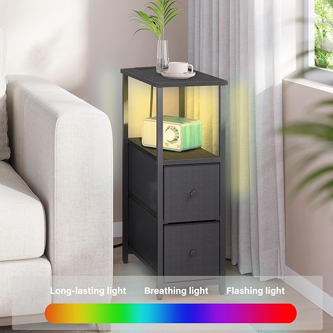 TUTOTAK Small Narrow LED End Table with Charging Station, Side Table Outlets, Nightstand with 2 Cloth Drawers, Set of 2, Couch Table, for Living Room, Bedroom, Bedside, Black TB01BK056