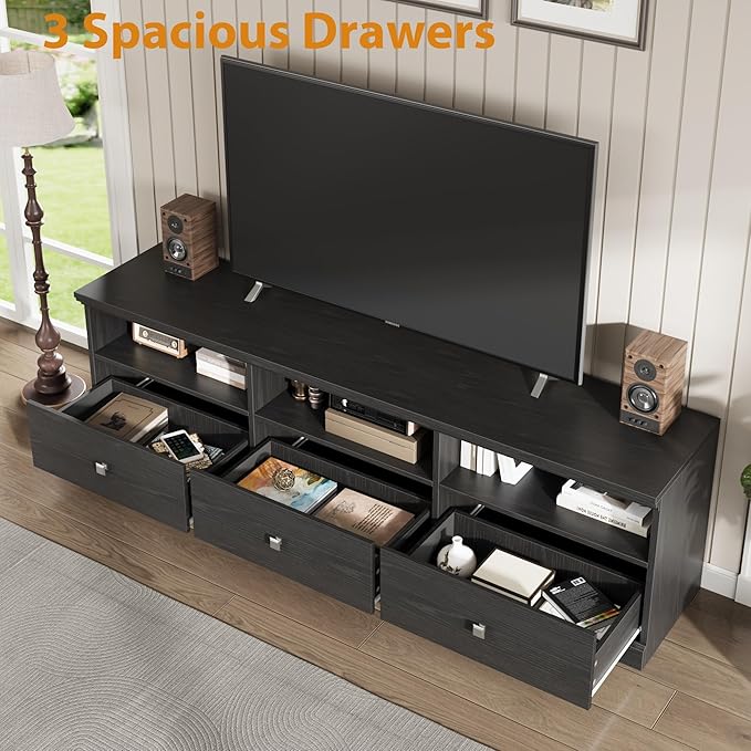 GarveeHome TV Stand for 65/70/75 Inch TV, Entertainment Center with Storage Drawer, Mid-Century Modern TV Console with Open Shelves, 70in Media TV Cabinet for Living Room, Bedroom (Black)