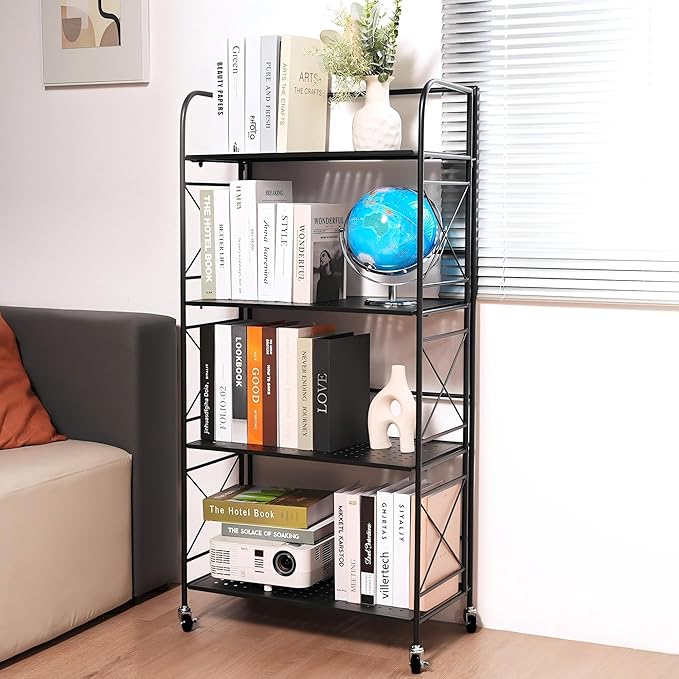 Foldable 4-Tier Metal Shelf with Wheels - Folding Bookshelf Unit for Living Room, Kitchen, Study 12.6" D x 23.6" W x 46.8" H, Matte Black