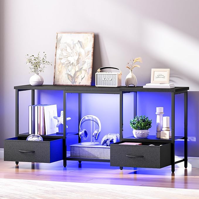 HOOBRO LED TV Stand with Storage, LED Entertainment Center with Open Shelves and Drawer, Fits TVs up to 55", Television Stand for Living Room, Bedroom, Black BB123DDS01