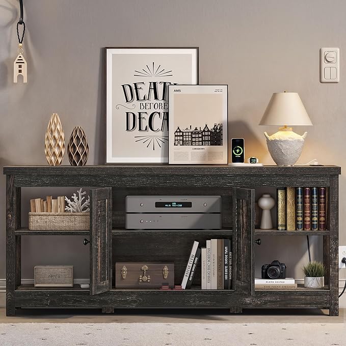 YITAHOME TV Stands for Living Room, Modern Entertainment Center with Power Outlet for Television up to 65 Inch, Farmhouse Media Console TV Cabinet with Adjustable Shelf & Open Shelves, Dark Rustic Oak