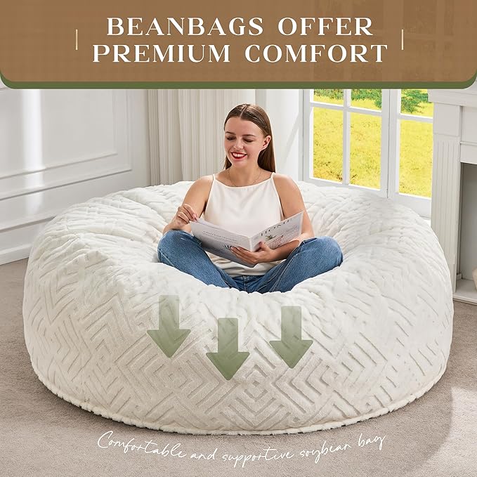 Hobestluk Bean Bag Chairs Adults Beanbag Chair with Filler Large Bean Bags with Fluffy Embossed Cover, Giant Bean Bag Chairs for Adults (White, 5FT - 50” x 50” x 24”)