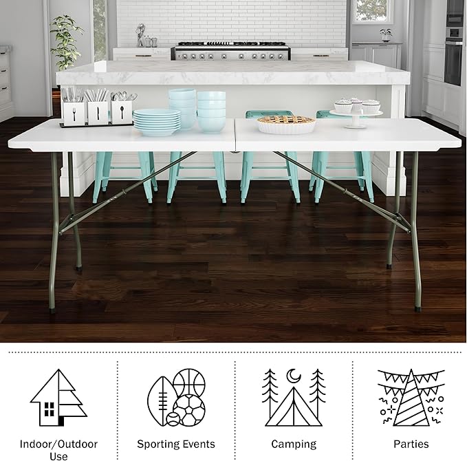 Lavish Home 6-Foot Folding Table - Indoor and Outdoor Table for Camping, Dining, Buffets, Crafts, and Playing Cards - Portable Picnic Table (White)