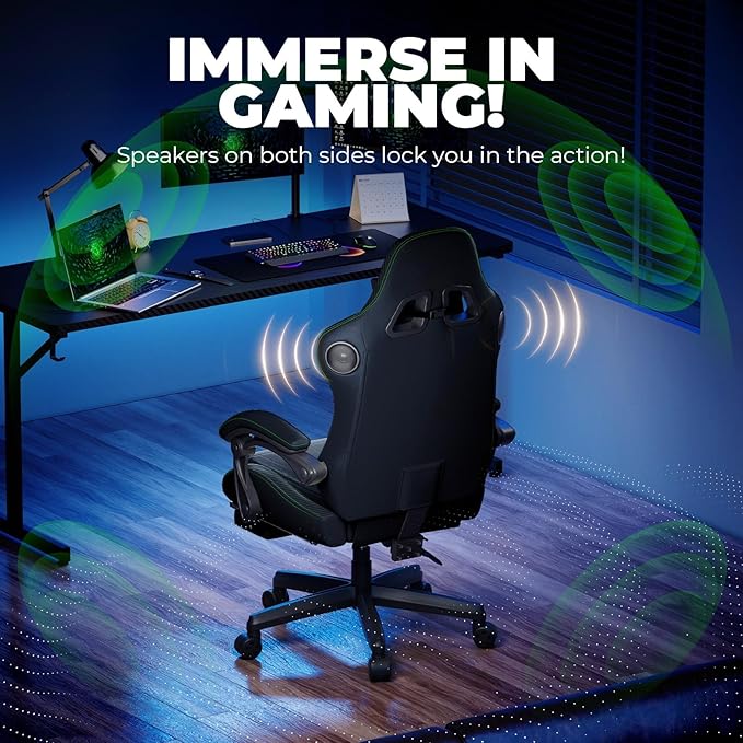 GTPLAYER ACE-PRO Music Gaming Chairs – Built-in Speakers, App Support & Bluetooth Control, Footrest & Pocket, Gamer Chair for Adults, Black & Green Stitch