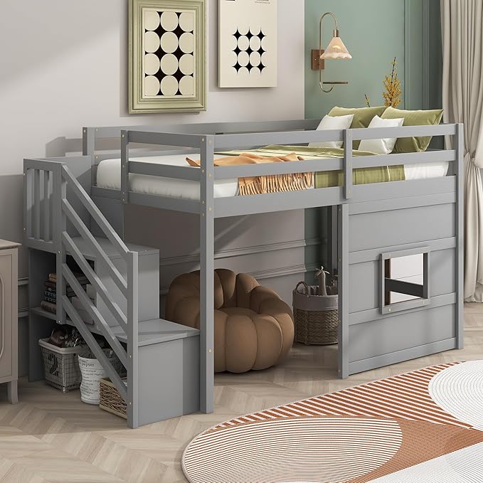 Twin Size Loft Bed with Storage Staircase and Window,Wood Twin Loft Bunk Bedframe with Full-Length Guardrail and Sturdy Slat Support, No Noise,No Box Spring Needed,for Kids,Teens,Boys,Girls,Gray