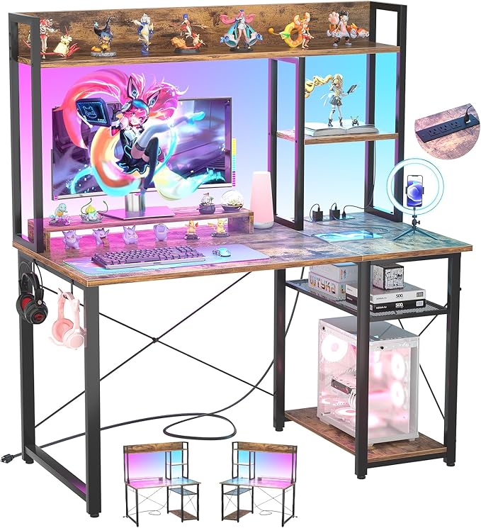 Cyclysio Gaming Desk with Hutch, 39'' Computer Desk with LED Lights & Power Outlets, Home Office Desk with Reversible 5 Tiers Storage Shelves & Monitor Stand, Small Gaming Table for Small Space,Rustic