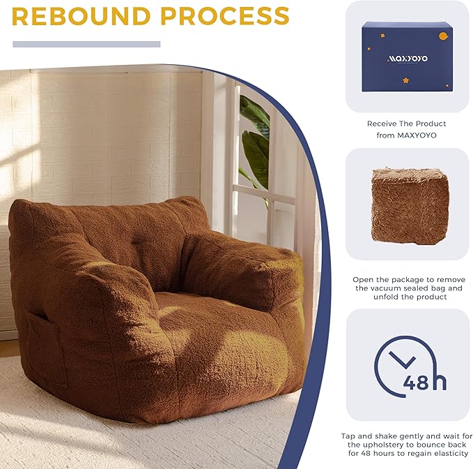 MAXYOYO Bean Bag Chair, Tufted Bean Bag Sofa with Boucle Fabric, Comfy Lazy Chair with Filler, Living Room Sofa for Adults Teens, Accent Couch for Bedroom Dorm, Coffee