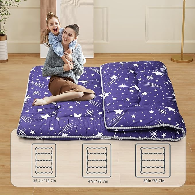 Japanese Floor Mattress,Roll Up Memory Foam Tatami Mat Easy to Store and Portable,Futon Mattress Suitable for Camping and Guest Room (Blue, Twin (80" x 36"))
