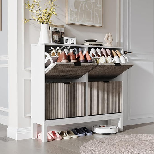 GarveeHome Fluted Shoe Storage Cabinet with 4 Flip Drawers, Narrow Wooden Shoe Organizer with Metal Legs, Modern Farmhouse Hidden Shoe Rack for Entryway, Hallway, White+Gray