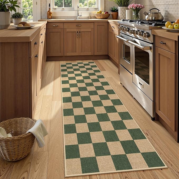 Lahome Checkered Outdoor Runner Rug, 2x8 Green Kitchen Runner Rugs for Non Skid Washable Entryway Carpet, Checkerboard Non Slip Non Shedding Carpet for Bedroom