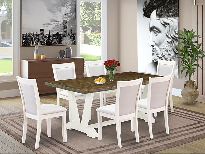 East West Furniture V077MZ001-7 7 Piece Kitchen Table Set Consist of a Rectangle Dining Table with V-Legs and 6 Cream Linen Fabric Parson Dining Room Chairs, 40x72 Inch, Multi-Color