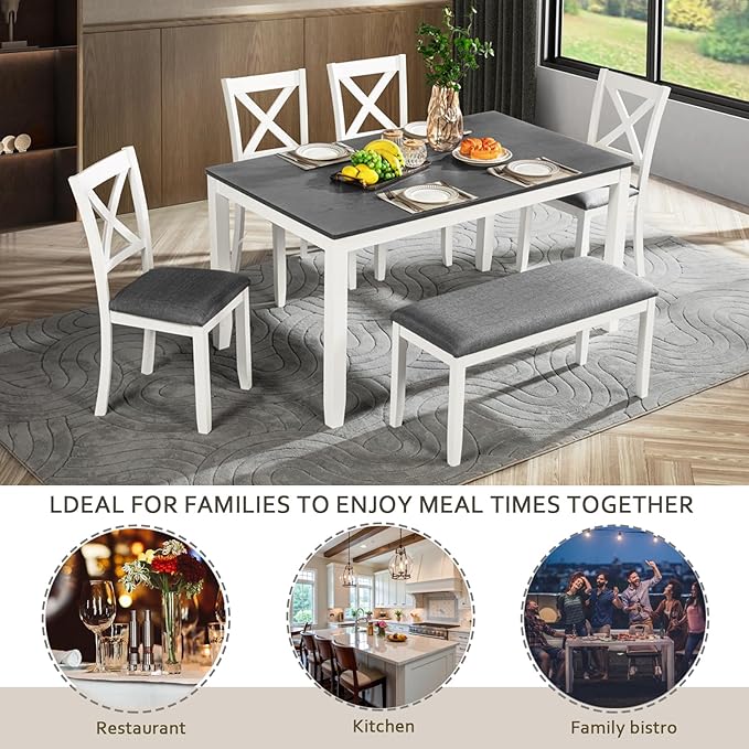 soges 6-Piece Kitchen Dining Table Set with Bench, Wood Dining Table Set for 6, Modern 6-Person Table Set for Dining Room, Kitchen, Grey & White