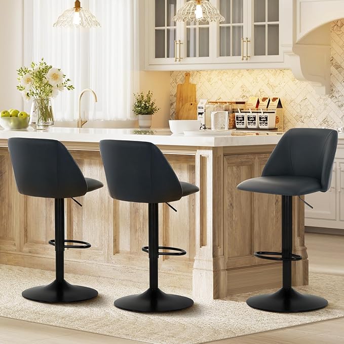 COLAMY Bar Stools Set of 6, Modern Swivel Bar Chairs, Adjustable PU Leather Upholstered Barstools Counter Height with Full Backrest for Bar, Dining Room, Kitchen Island, Black