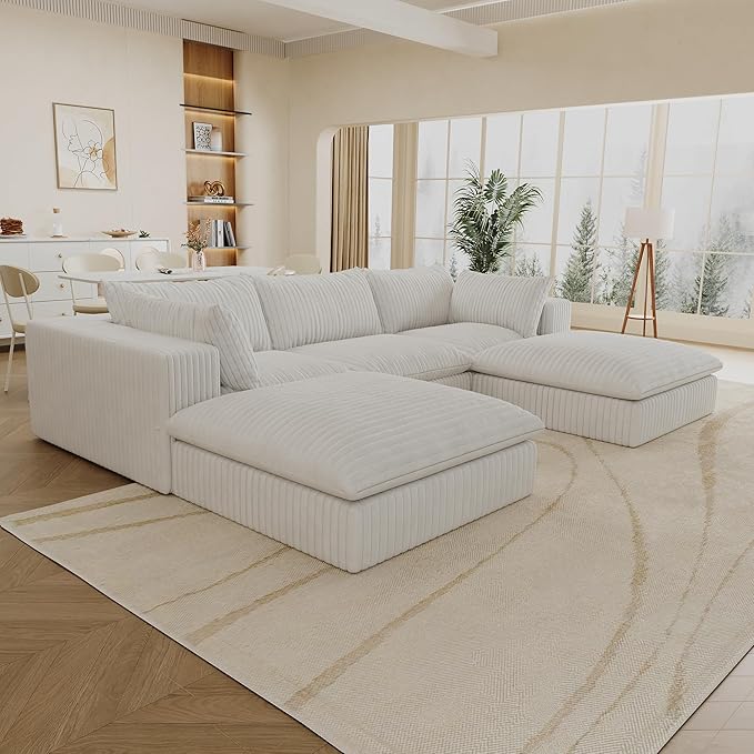 Down Filled Boneless Sectional Sofa Cloud Couch with Movable Ottomans, 118 inch Convertible U Shaped Lounge Couch w/Deep Seat, Fluffy Corduroy Upholstered Compress Modular Sofa