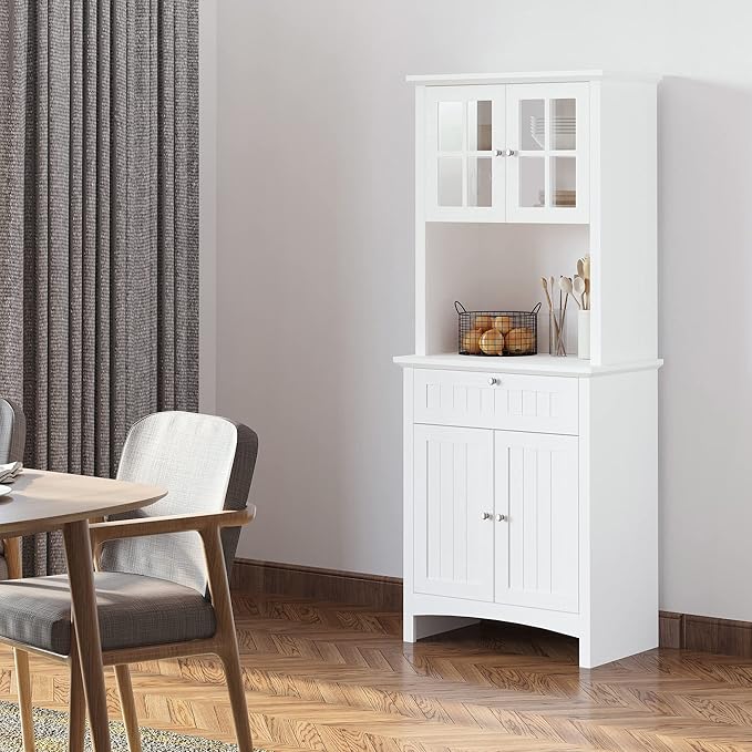 HOMCOM Elegant Buffet with Hutch, Kitchen Pantry Storage Cabinet with Framed Glass Door Drawer and Microwave Space, White