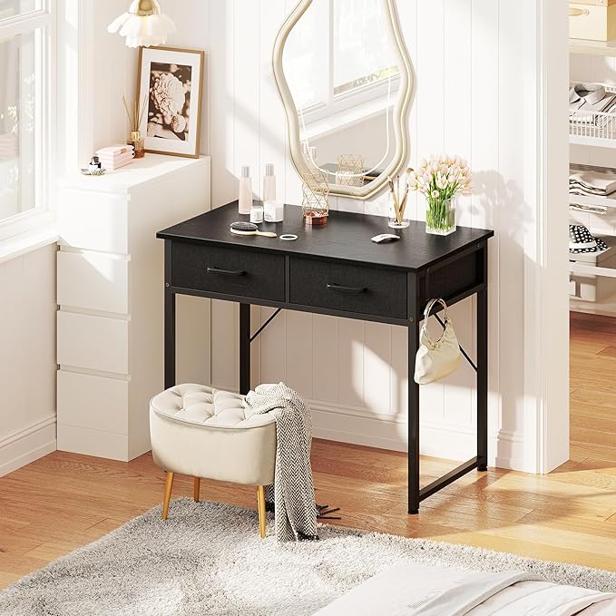Casaottima 32 Inch Small Office Computer Desk with 2 Drawers & Headphone Hook - Compact Writing Desk for Home Office, Study or Work, Modern Space-Saving Design for Small Spaces, Black