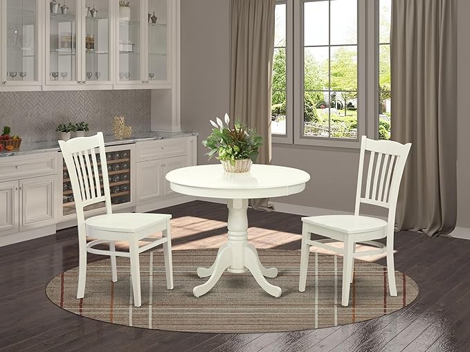 East West Furniture ANGR3-LWH-W 3 Piece Kitchen Table & Chairs Set Contains a Round Dining Room Table with Pedestal and 2 Solid Wood Seat Chairs, 36x36 Inch, Linen White