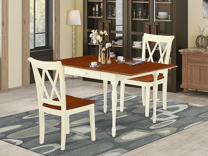 East West Furniture MZCL3-WHI-W 3 Piece Dining Room Table Set Contains a Rectangle Kitchen Table with Dropleaf and 2 Dining Chairs, 36x54 Inch, Buttermilk & Cherry