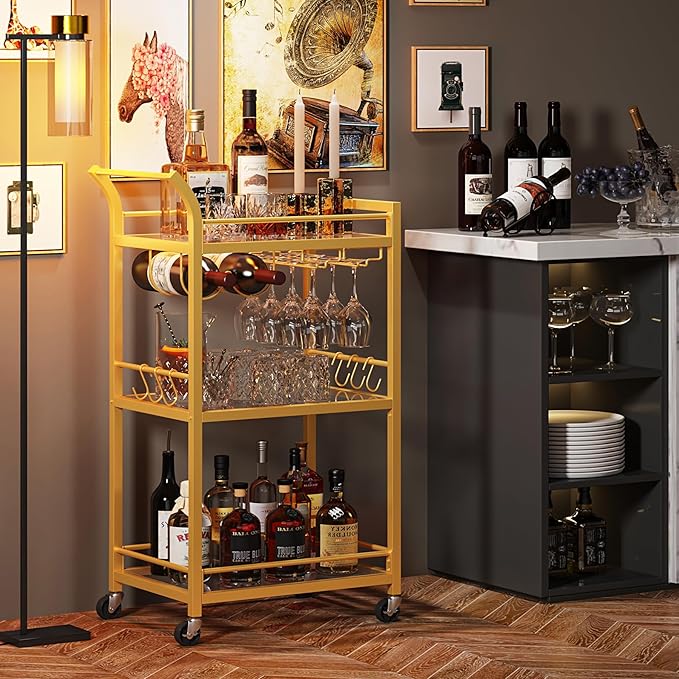 TUTOTAK Bar Cart, Home Bar Serving Cart with 3-Tier Mirrored Shelf, Wine Cart, Mobile Kitchen Shelf, Gold BC01BB034