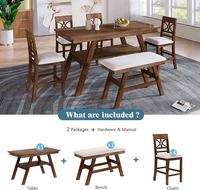 Merax 6 Piece Wood Counter Height Dining Table Set with Storage Shelf, Beige Cushion, Kitchen Table Set with Bench and 4 Chairs, Rustic Style, Walnut
