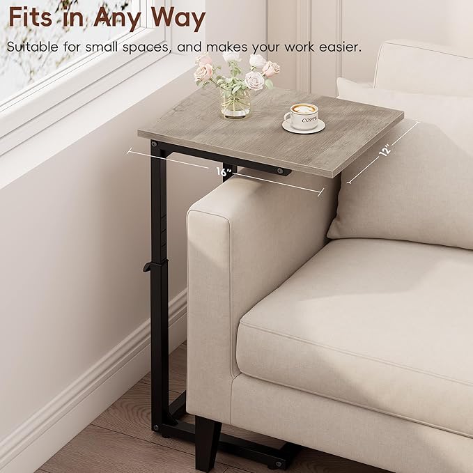 Vagusicc C Shaped End Table, 33" Tall Couch Table Adjustable Height Side Table, Sofa Table That Slide Under, C Table End Table TV Tray Coffee Arm Table for Living Room, Bedroom, Small Spaces, Gray