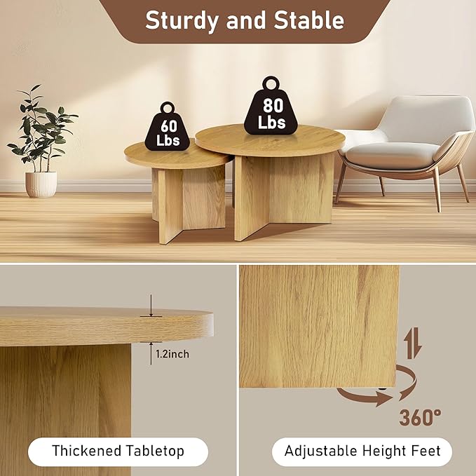 Round Nesting Coffee Tables Set of 2, Modern Stacking Table with Wood Grain Finish, End Table Side Tables for Living Room (Natural Oak)