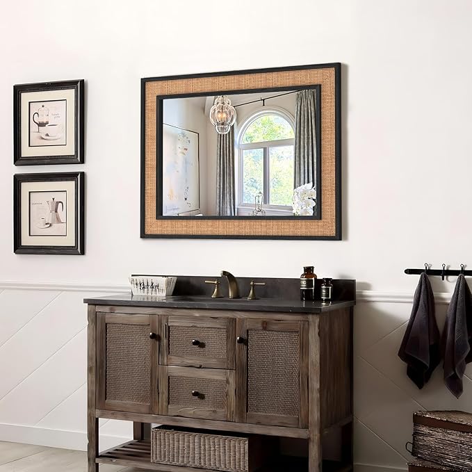 Rattan Wall Mirror with Wooden Framed 24 X 32 inch Farmhouse Rectangle Wood Mirror for Modern Decorative Bathroom, Living Room, Entryway, Bedroom (Black)