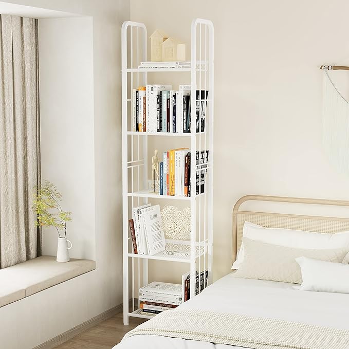 Bookshelf Storage Shelf Bookcase Freestanding Storage Stand for Living Room, Bedroom, Kitchen, Rust Resistance, Easy Assembly Free Combination Multi-Functional Organizer (5 Tiers,White)