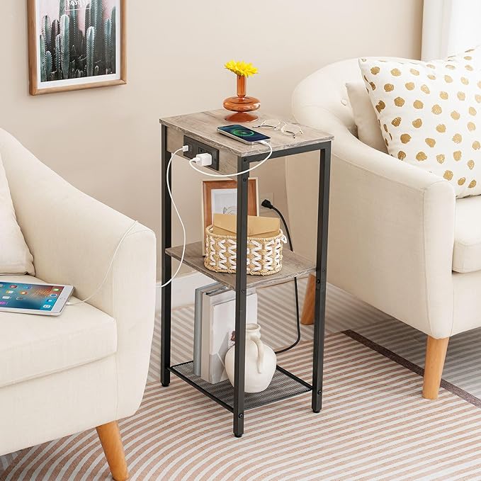 HOOBRO Tall End Table with Charging Station, 30 Inch Tall Nightstand, 3-Tier Side Table with Storage Shelves, for Living Room, Bedroom, Hallway, Greige BG09UDH01G1
