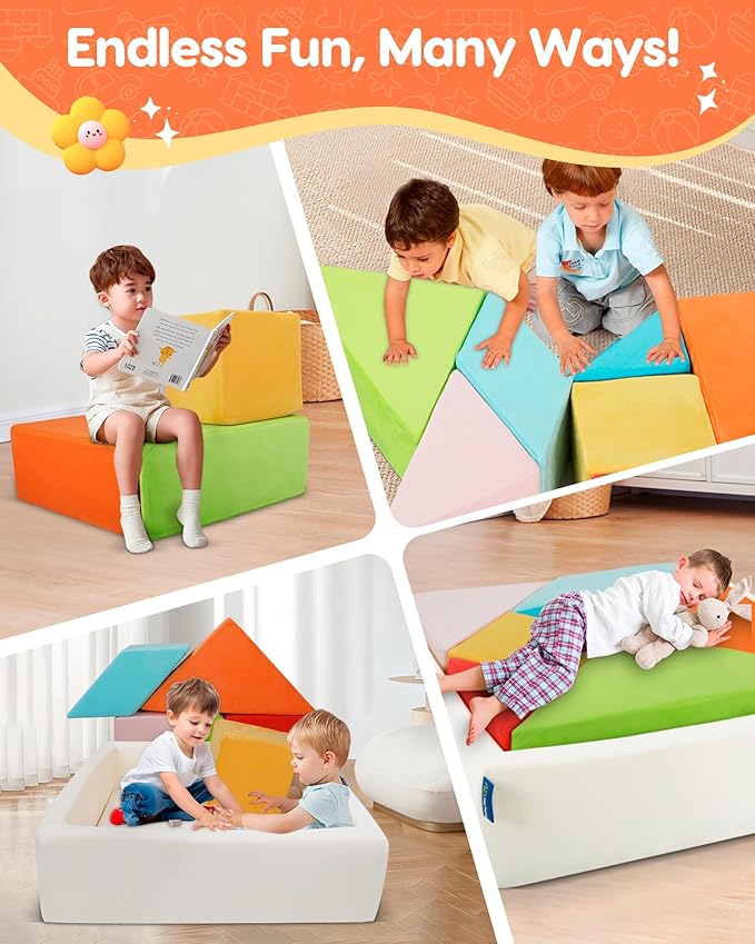 Kids Play Sofa, Tangram Square Puzzles Couch Furniture, Modular Kids Play Couchs Furniture, Puzzle Solving Couch Building Fort for Playroom Bedroom Boys Girls Teens, Rainbow