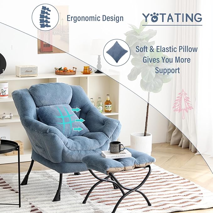 Lazy Chair with Ottoman, Comfy Reading Lounge Chair with Footstool & Throw Pillow Modern with Armrests & Side Pocket for Living Room, Bedroom, Dorm Room, Plush Light Blue