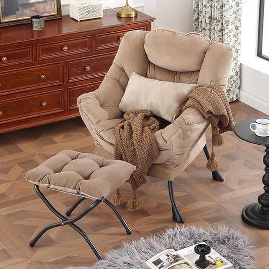 Lazy Chair with Ottoman, Modern Accent Chair with Lumbar Pillow, Comfy Chairs with Folding Footrest for Bedroom, Reading, Oversized Supportive Lounge Chairs(Velvet Khaki)