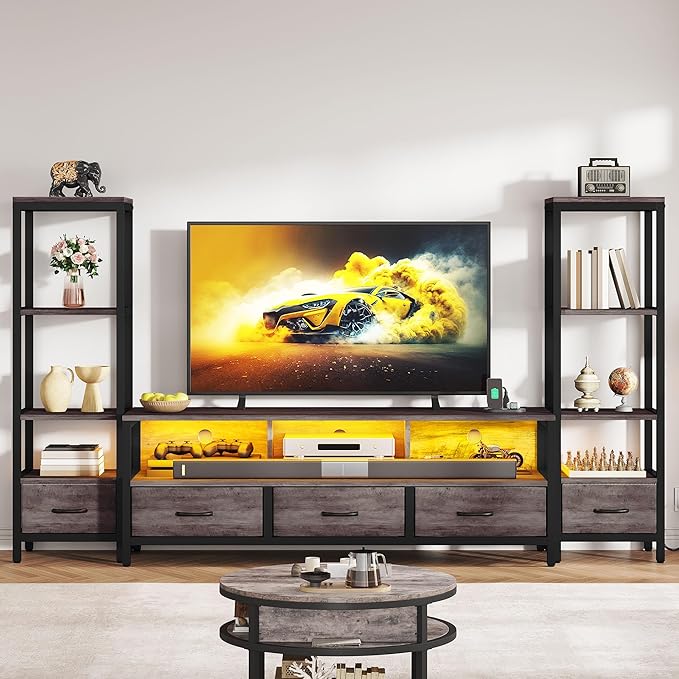 DWVO Entertainment Center with Bookshelves, LED TV Stand for 65/60 inch TV, Farmhouse TV Stand for Living Room with 2 Industrial 4-Tier Bookshelves & Power Outlets, Grey