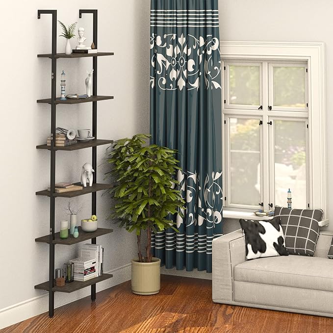 Ladder Shelf Black 6 Tiers Modern Bookshelf Room Organizer Open Tall Wall Mount Bookcase Standing Leaning Wall Shelves Industrial Decorative Living Room Bed Room (Brown)