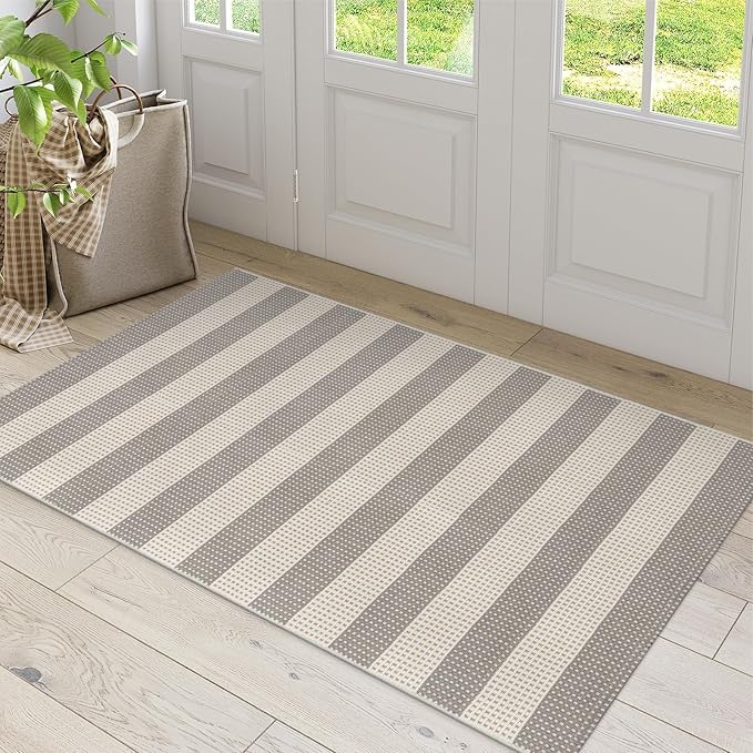 OJIA Indoor Outdoor Rugs 3'x5', Washable Area Rug Entryway Rugs Indoor Front Door Mats Striped Porch Rug Cotton Small Floor Carpet for Entry/Patio/Deck/Balcony/Bedroom/Living Room (Gray/White/Tan)