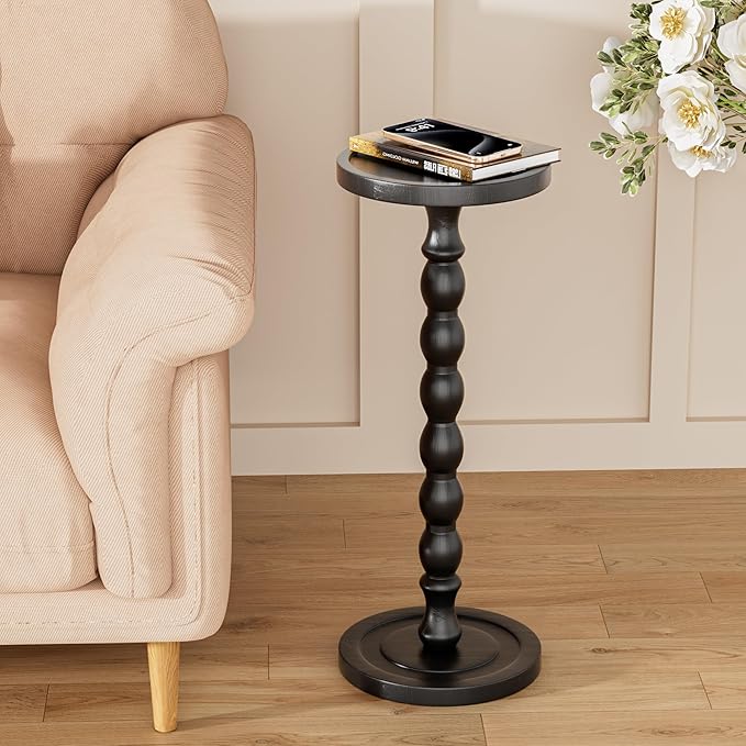 Rubber Wood‌ Small Side Table, Solid Wood‌ Round End Tables for Small Spaces, Martini Tables, Pedestal Drink Table for Living Room, Bedroom, Corners, and Office (Black, 9.4inch)