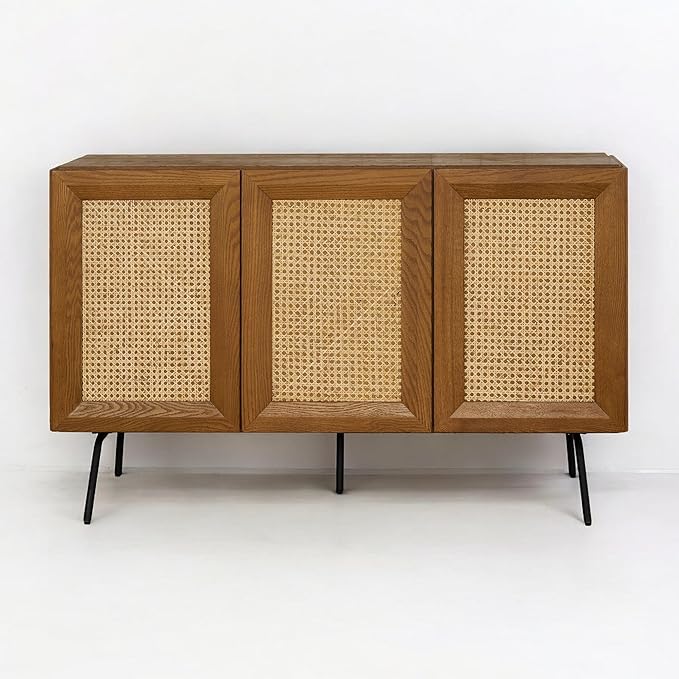 NTC MOSSIC Modern Sideboard with 3 Doors, Natural Rattan Storage Cabinet, Buffet with Metal Legs, Boho Accent Cabinet for Living Room, and Entryway, Effortless Assembly - Rustic Oak