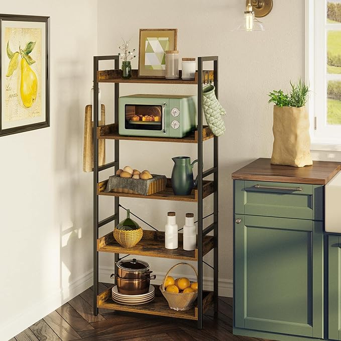 Rolanstar Bookshelf 5 Tier with 4 Hooks, Industrial Wood Bookcase, Vintage Storage Rack with Open Shelves, Rustic Standing Bookshelves Display Rack for Living Room, Bedroom, Rustic Brown