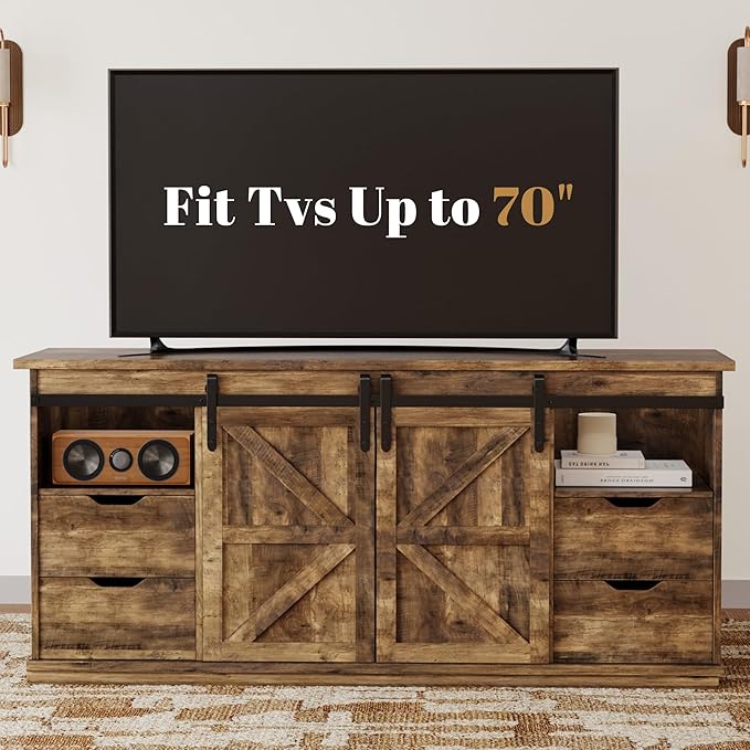 YESHOMY TV Stand for Televisions up to 65 Inchs, with Sliding Barn Doors and 4 Storage Drawers, Console Table and Media Furniture for Living Room, 58 Inch, Barnwood