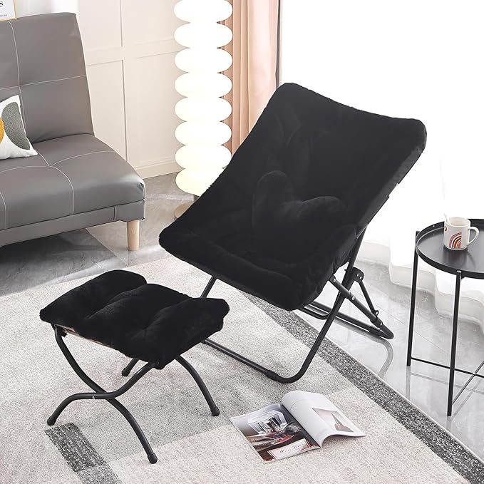 Comfy Saucer Chair with Ottoman, Oversized Folding Faux Fur Chair Soft Furry Lounge Lazy Chair with Metal Frame Moon Chair Accent Chair for Bedroom, Living Room, Dorm Rooms, Black