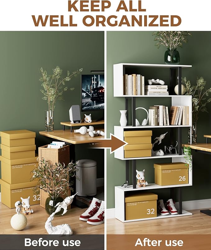 Gadroad 5 Tier Geometric Bookcase,S Shaped Bookshelf, Wood Decorative Storage Shelving, Modern Freestanding Display Shelves, Tall Book Shelf Unit for Living Room Bedroom, White