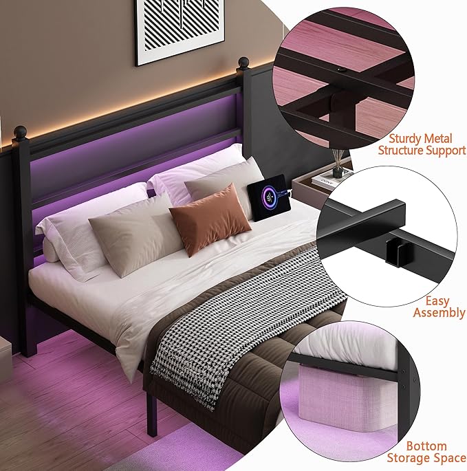 Queen Bed Frame with Headboard and Footboard,Steel Slats Support-LED Bed Frame with USB Charging Station,Mattress Foundation-Under Bed Storage,No Box Spring Needed,Noise Free,Black