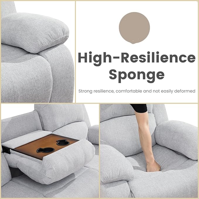 Recliner Sofa Couch, 3-Seater Home Theater Seating Reclining Sofa, Power Reclining Couch with Cup Holders & Drop Down Table for Living Room Furniture Sets, Grey White