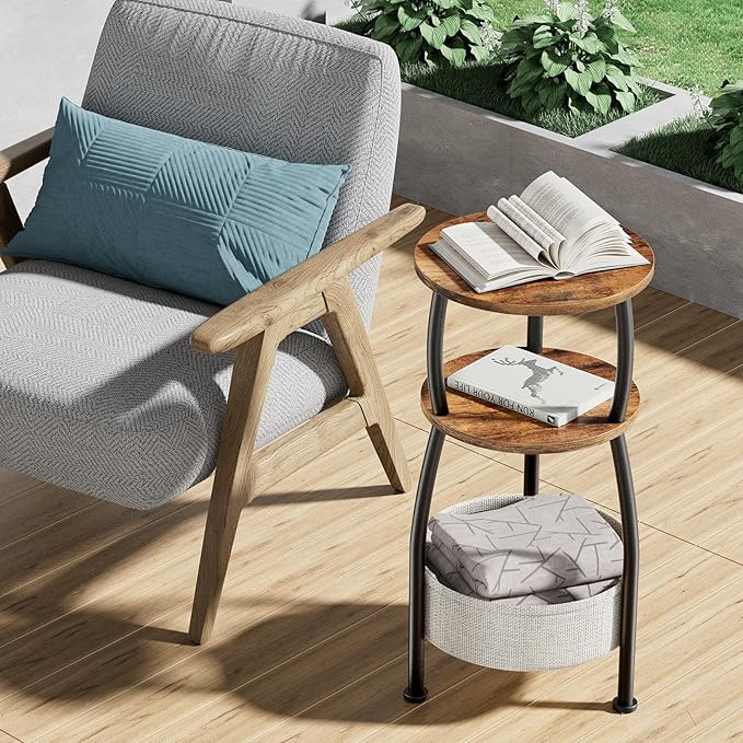 Round Side Table for Small Spaces with Storage Basket –Small End Table 3-Tier Night Stand Sofa Corner Table for Living Room, Bedroom, Patio and More 24in Tall Rustic Brown