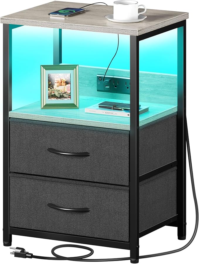 Seventable Nightstand with Charging Station, Bedside Table with LED Lights, Night Stand with 2 Fabric Drawers, 3-Tier Storage End Table for Bedroom, Greige